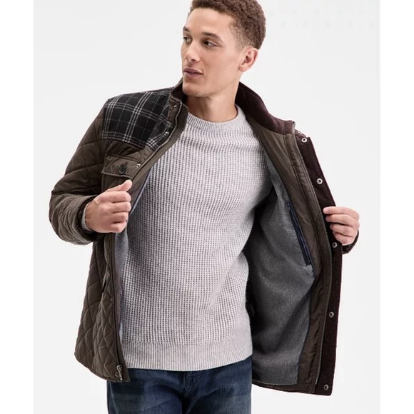 NEW! Cole Haan Quilted Mixed Media Field Jacket Elbow Patch Olive Green SZ L - Picture 4 of 14